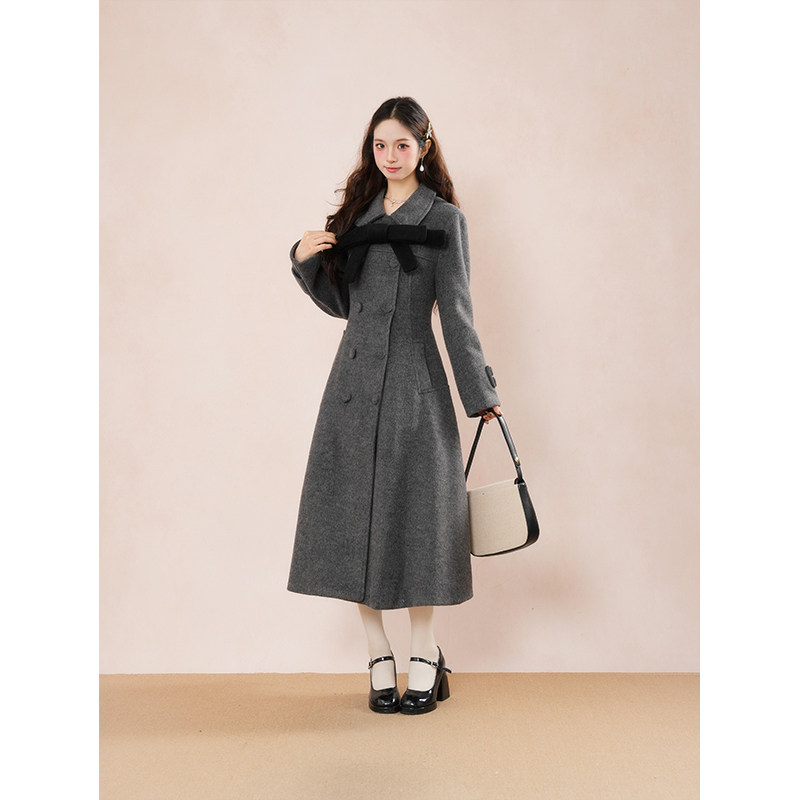 奈良学院 秋冬新款韩系蝴蝶结长款大衣收腰双排扣毛呢外套