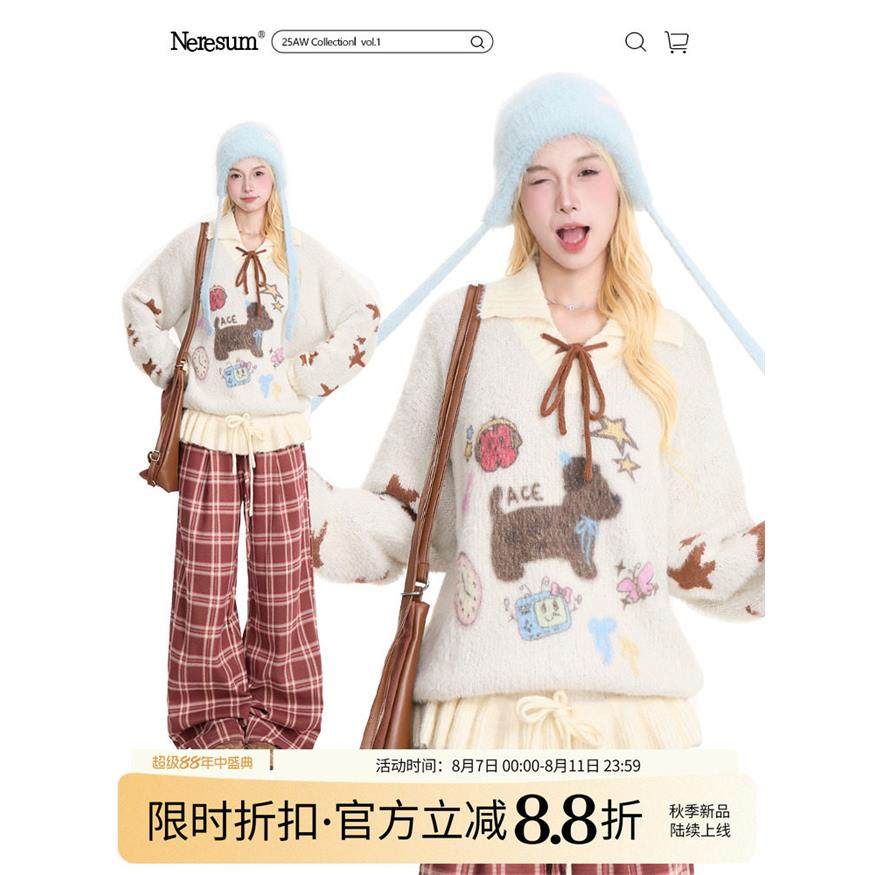 NERESUM卡通小狗提花套头毛衣女可爱减龄慵懒系带宽松针织上衣