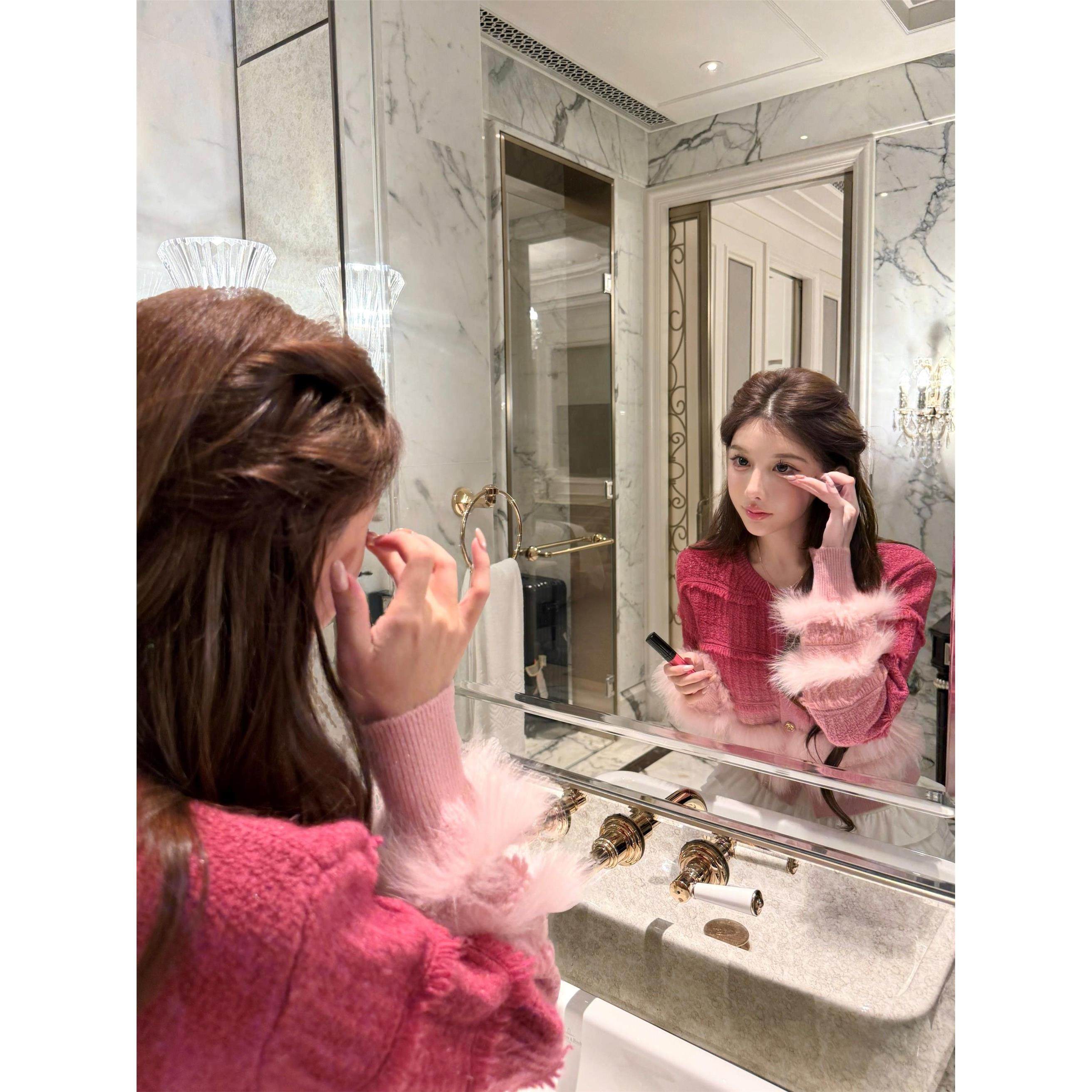 Qiauuu 玫雾轻绯 名媛风高级氛围狐狸毛渐变双色针织开衫外套女