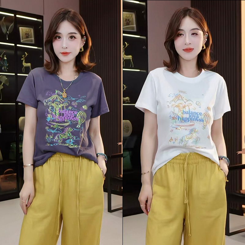 【辰大嗓严选】旋转木马印花少女感刺绣T恤5307
