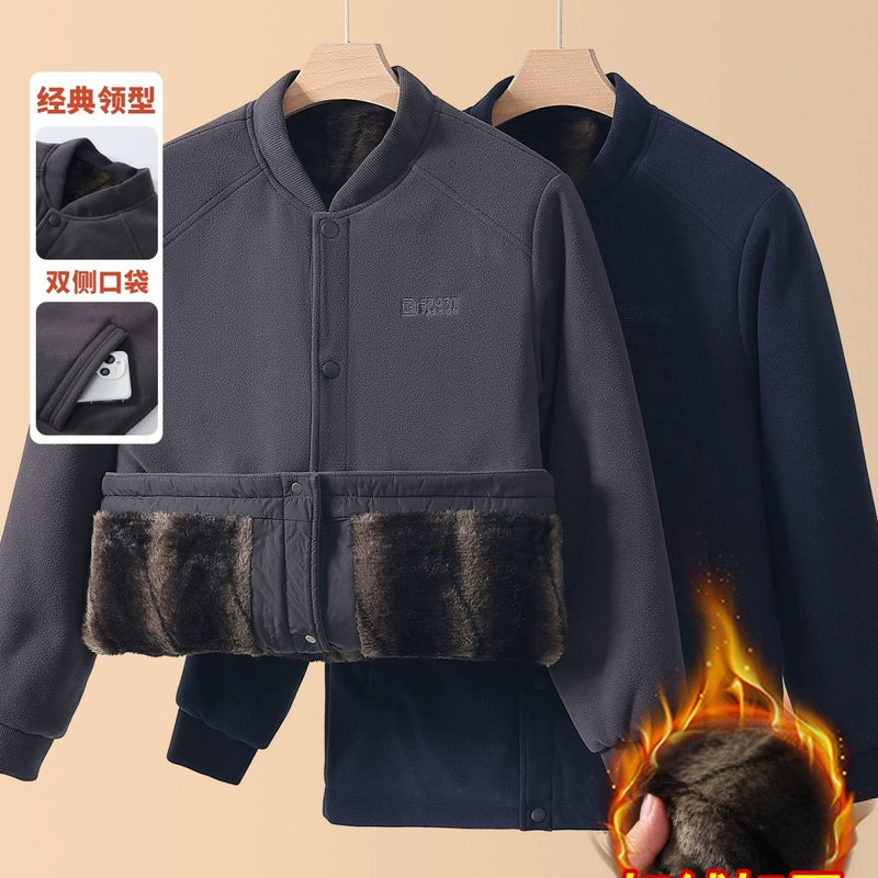 中老年男装加绒加棉冬季保暖纯色爷爷棉袄外套加厚轻便大码爸爸装