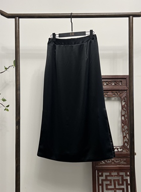 【黑曜石】新中式百搭四季款松紧腰半身开叉裙Q80076