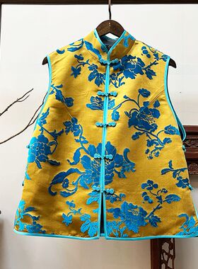 【初岁】新中式复古立领漳绒缎马夹女士无袖复古印花M40063