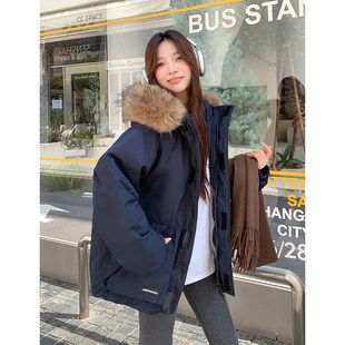 工装 95白鸭绒宽松加厚毛领藏青色派克服外套女 羽绒服女2025冬新款