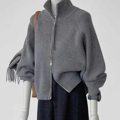 双拉链灰色高领针织开衫