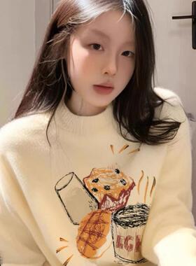 韩系嫩黄色毛衣女秋冬季新款圆领针织衫软糯学生内搭加绒加厚打底