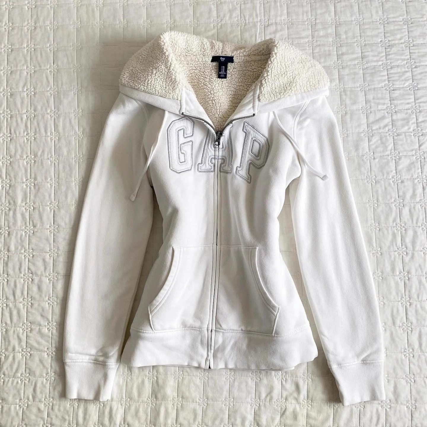 现货复古Vintage古着白色加绒开衫连帽卫衣外套女春秋冬收腰上衣