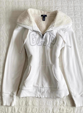 现货复古Vintage古着白色加绒开衫连帽卫衣外套女春秋冬收腰上衣