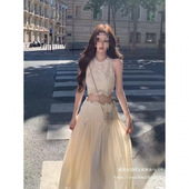 钩花镂空精致套装 短上衣 女夏季 无袖 拼接网纱半裙两件套 新款 法式