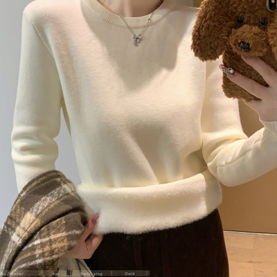 韩系圆领加绒针织衫女秋冬新款一体绒加厚保暖毛衣慵懒风打底上衣