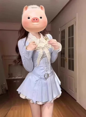 甜美学院风韩系衬衫连衣裙女设计感长袖蝴蝶结撞色显瘦连衣裙涤纶
