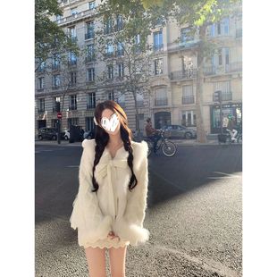 法式 复古轻奢拼接毛毛两件套 温柔风白色毛绒蝴蝶结上衣半身裙套装