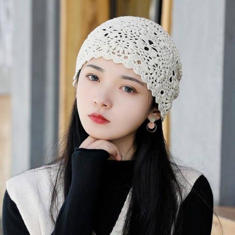 春秋薄款镂空手工女钩帽子勾花编织女士毛线针织帽夏季网红包头帽