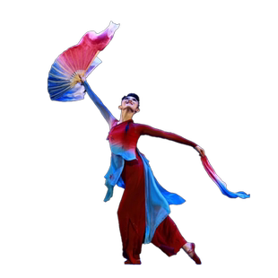 桃李杯剧目李若涵山东秧歌组合真丝舞蹈扇子丝巾蓝红渐变表演道具