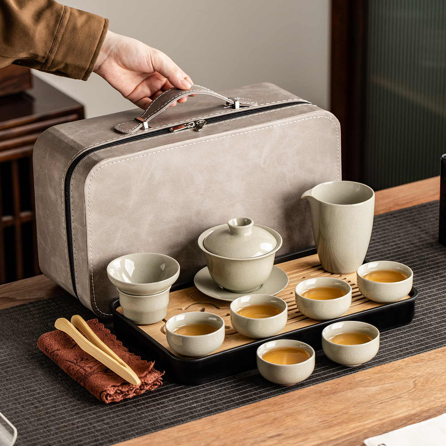 哥窑翠岚盖碗旅行茶具套装户外简约旅游便携式泡茶杯出差泡茶神器