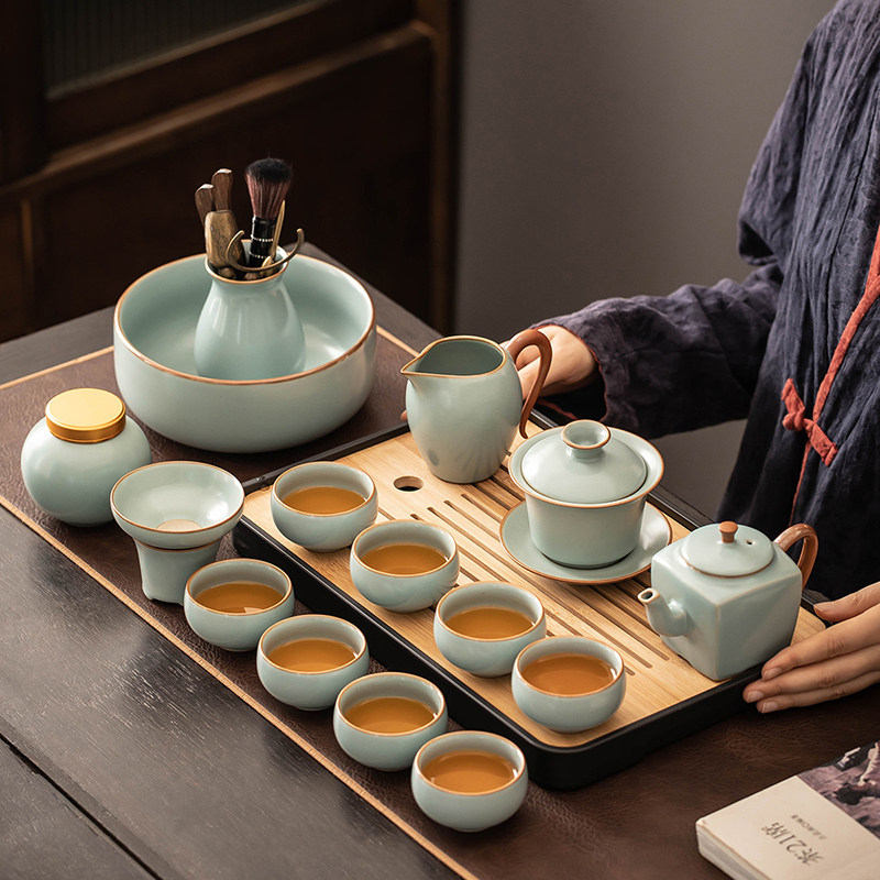 天青汝窑茶具套组家用轻奢高档陶瓷茶壶功夫茶杯办公室会客泡茶器