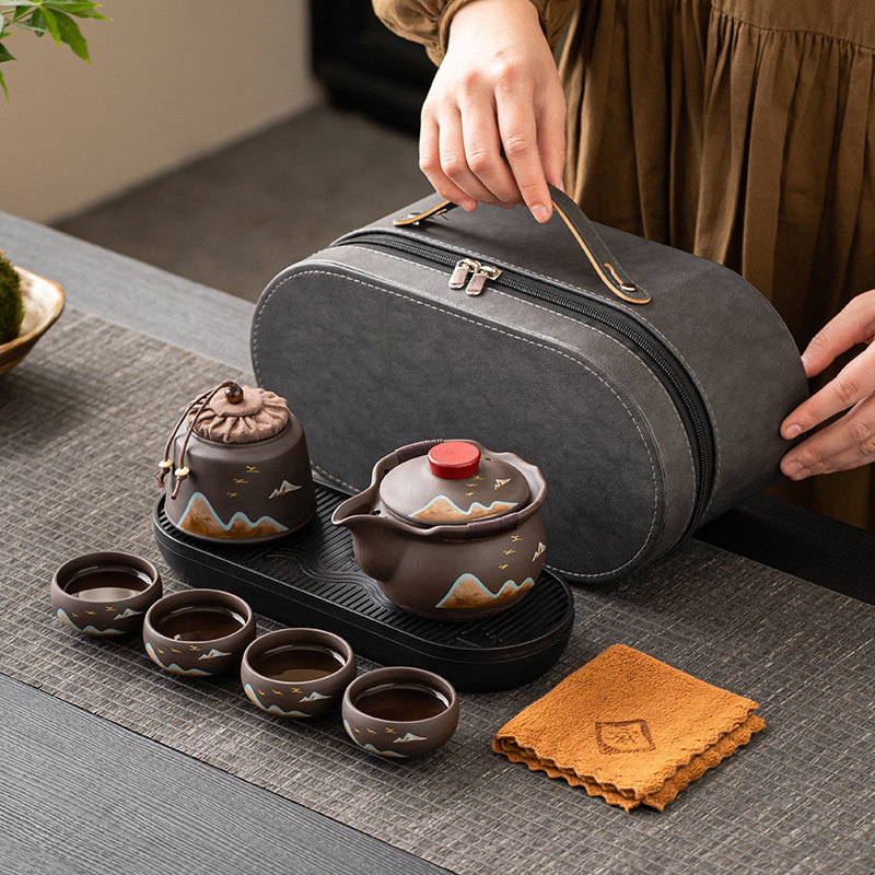 紫砂远山旅行茶具套装便携式户外露营泡茶收纳陶瓷手抓壶一壶四杯
