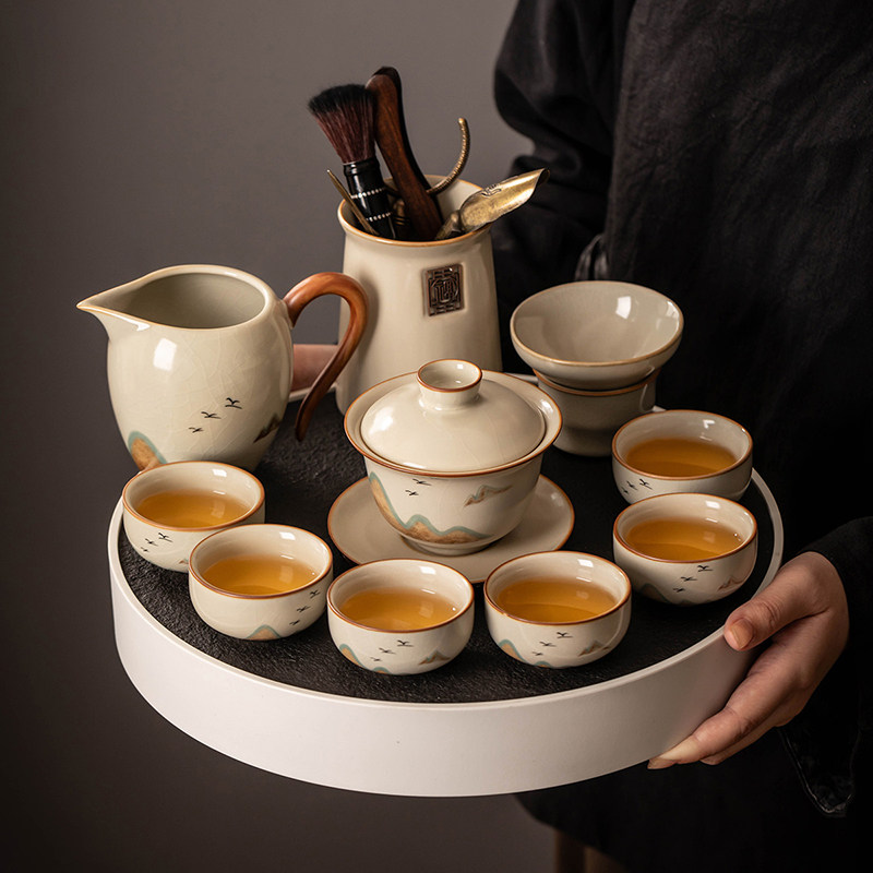 2026新款汝窑功夫茶具套装家用陶瓷盖碗茶杯泡茶办公会客茶盘小套