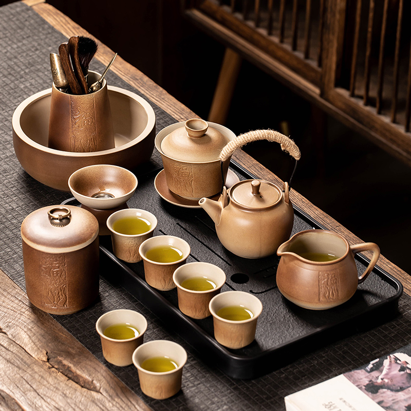 柴烧粗陶功夫茶具套装家用陶瓷盖碗提梁壶泡茶中式复古办公室会客