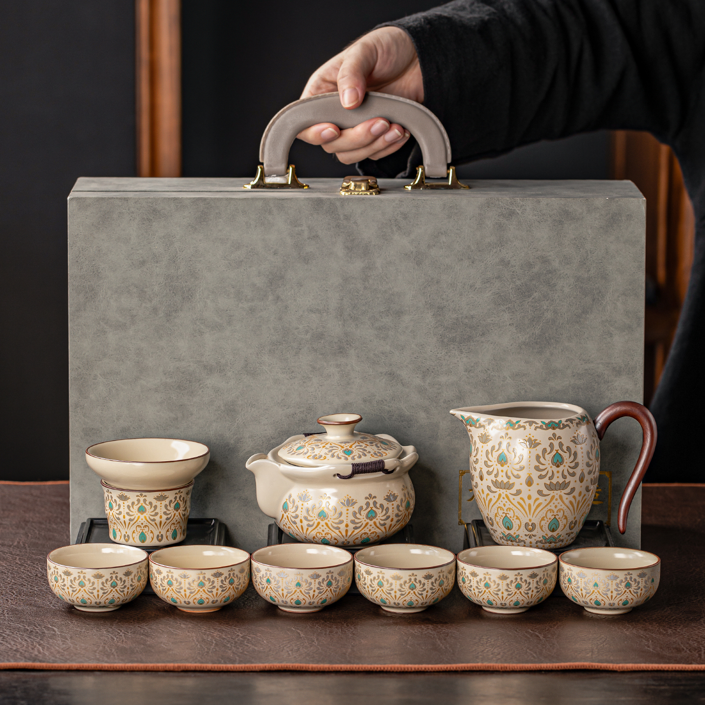 米黄汝窑金银错手抓壶功夫茶具