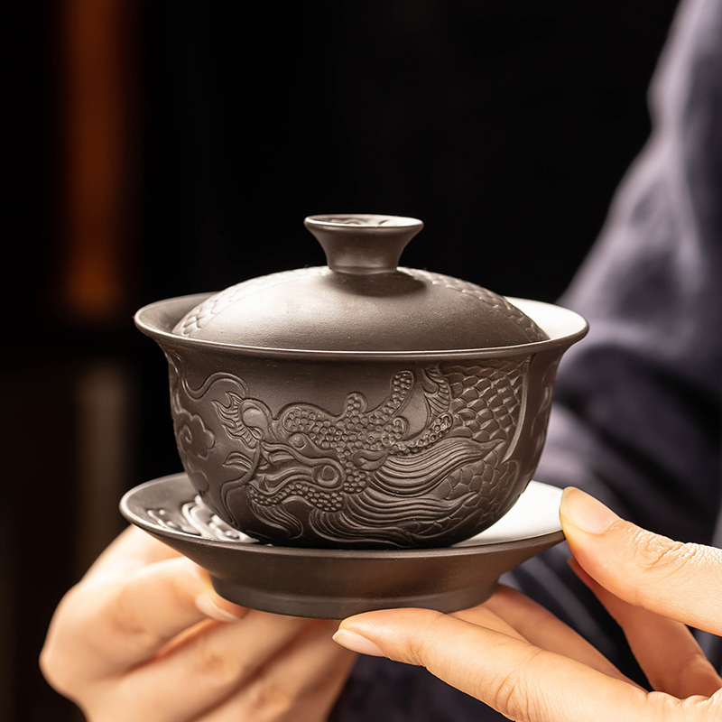 紫砂盖碗祥龙浮雕泡茶碗单个家用高档功夫茶碗办公喝茶杯不烫手
