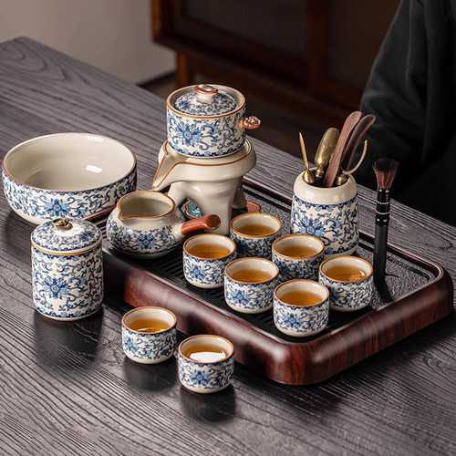 青花汝窑懒人茶具套组家用轻奢高档半自动茶壶功夫泡茶器2025新款