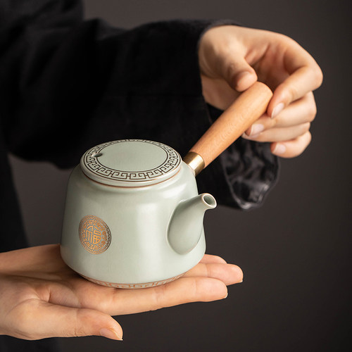 木柄侧把茶壶过滤单壶陶瓷
