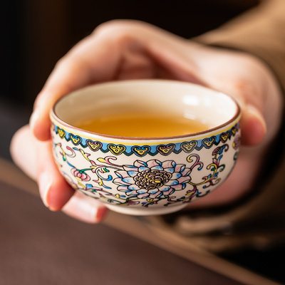 珐琅彩汝窑茶杯主人杯家用高档陶瓷茶具品茗杯泡茶小杯喝茶不烫手