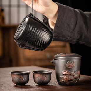 便携式 紫陶旅行茶具套装 户外露营泡茶陶瓷快客杯一壶两杯随身收纳