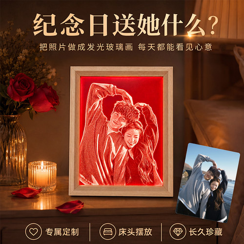 锤子玻璃画定制520礼物送女友送老婆礼品日礼物真人照片定制锤子