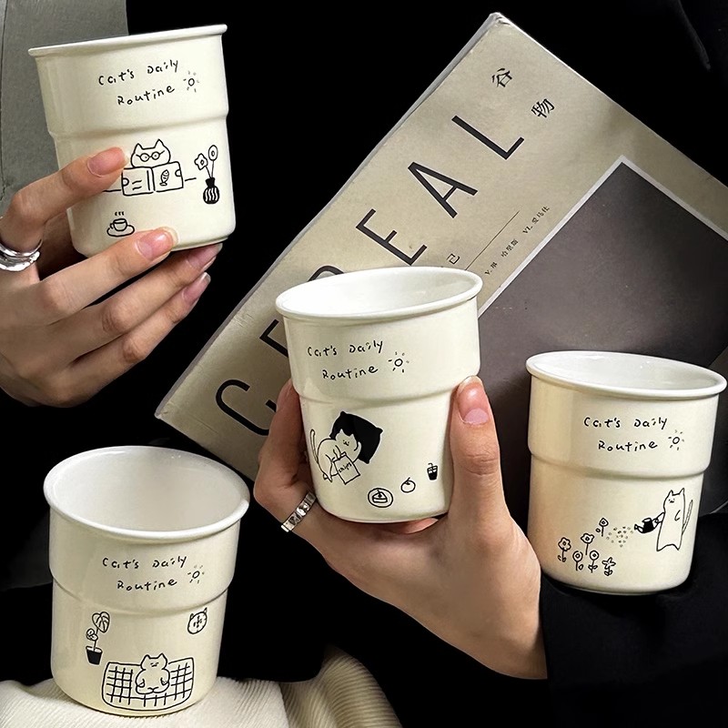 韩国ins风猫咪陶瓷水杯手握杯随手杯早餐牛奶手拿杯马克杯咖啡杯