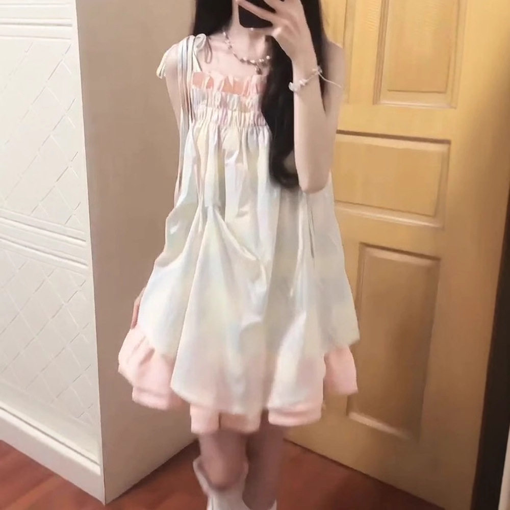 甜美糖果印花拼接吊带连衣裙女学生夏季小个子褶皱蛋糕裙