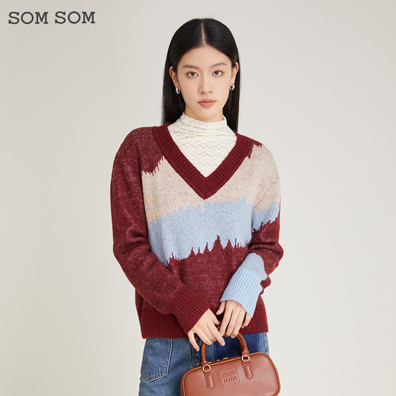 SOMSOM/索玛V领套头针织衫上衣宽松撞色绵羊毛百搭休闲长袖毛织衫
