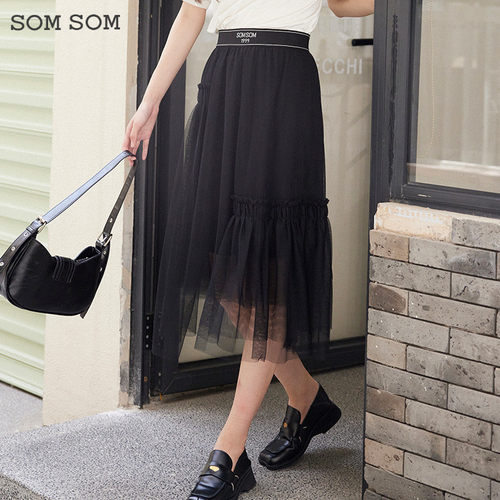 SOMSOM/索玛秋季不规则半身裙女高腰显瘦秋装女神范中长款纱裙子