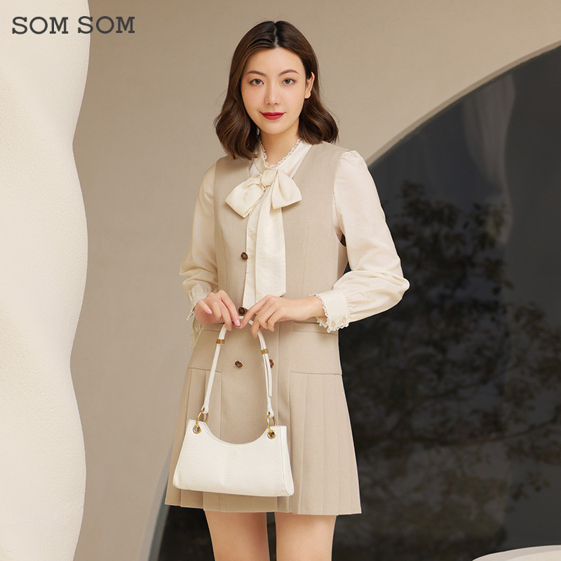 SOMSOM/索玛春季马甲背心式百褶连衣裙女无袖西装裙