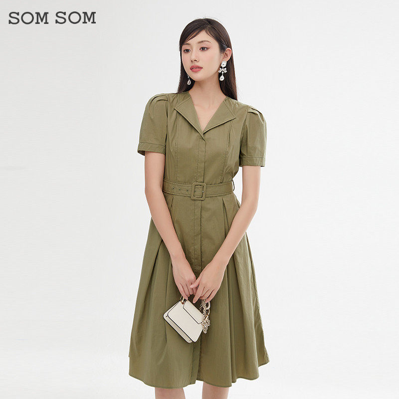 SOMSOM/索玛高腰西装连衣裙女夏翻领短袖中长裙系带收腰a字衬衫裙
