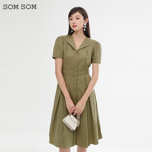 中长裙系带收腰a字衬衫 连衣裙女夏翻领短袖 裙 索玛高腰西装 SOMSOM