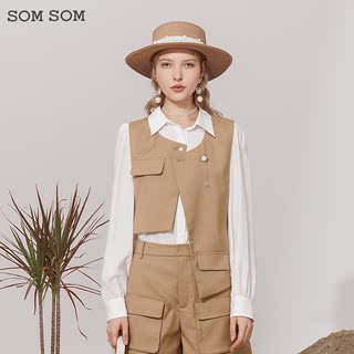 SOMSOM/索玛尖领长袖衬衫搭配马甲秋季叠穿两件套气质减龄上衣女