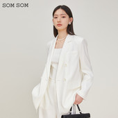 索玛简约西装 女春季 显瘦外套双排扣西装 SOMSOM 领中长款 百搭西服