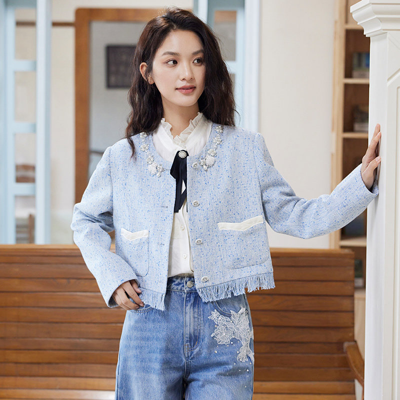 SOMSOM/索玛春季新品小香风西装外套女短款流苏圆领轻奢气质开衫