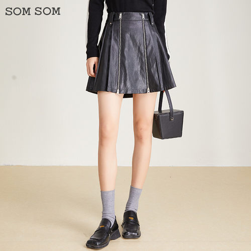 SOMSOM/索玛秋冬百搭短裙子高腰百褶裙显瘦休闲百搭通勤半身裙女