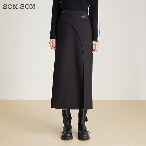 SOMSOM/索玛秋冬设计感前开叉拼接长裙子镂空显瘦高腰黑色半身裙