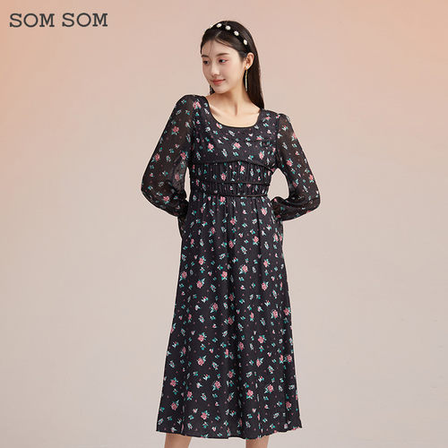 SOMSOM/索玛长袖黑色碎花连衣裙子女春秋茶歇法式长裙复古高级感