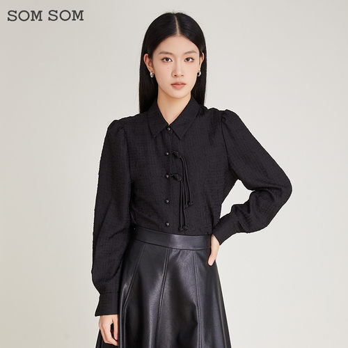 SOMSOM/索玛新中式国风黑色衬衫女长袖设计感外穿气质宽松衬衣冬
