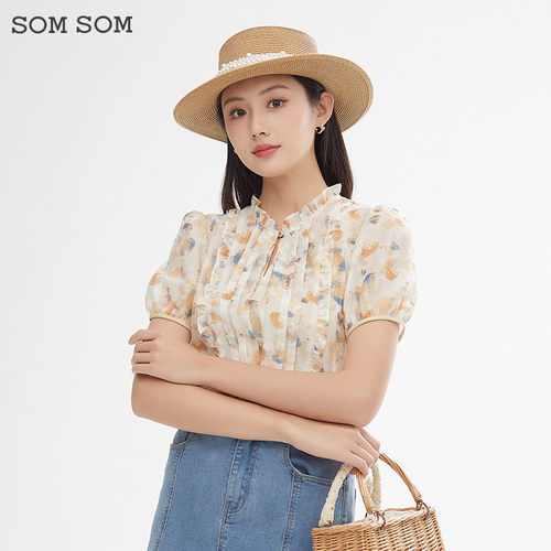 SOMSOM/索玛优雅通勤上衣泡泡袖小衫立领减龄显瘦薄款短袖雪纺衫