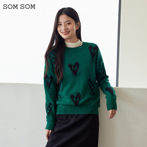 SOMSOM/索玛高端轻奢简约毛衣女秋冬宽松圆领长袖爱心印花针织衫
