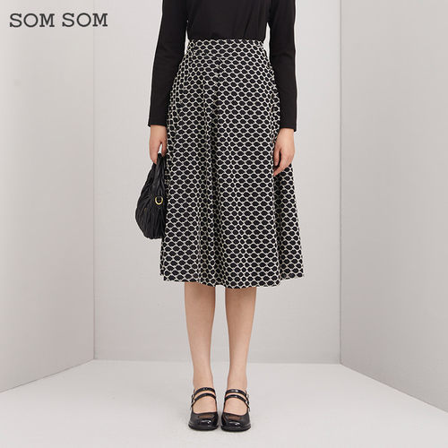 SOMSOM/索玛高级感黑色波点中长款半身裙女秋季高腰显瘦A字伞裙子