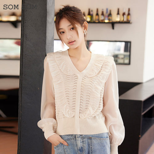 SOMSOM/索玛春季复古法式优雅甜美针织衫荷叶边拼接V领套头毛织衫