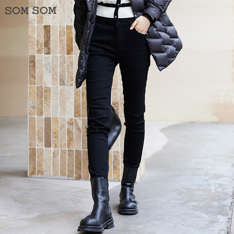 SOMSOM/索玛时尚紧身黑色牛仔裤女款秋冬棉质个性拉链小口袋长裤
