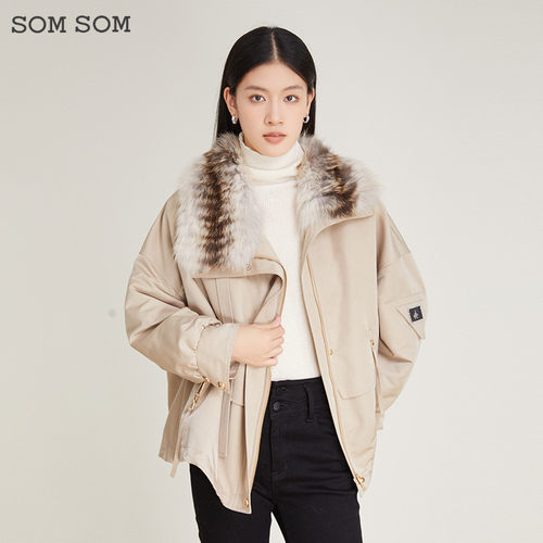 SOMSOM/索玛卡其休闲时尚派克服女毛领口袋拉链个性保暖舒适外套